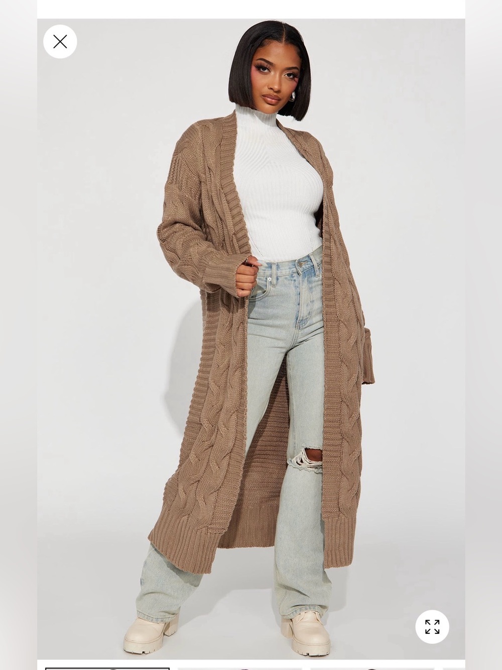 Fashion Nova Taupe Cable Knit Long Open Cardigan